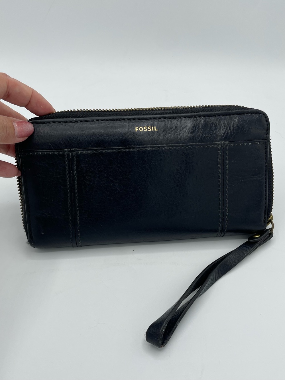 Fossil Black Leather Zip Wristlet with Gold Logo